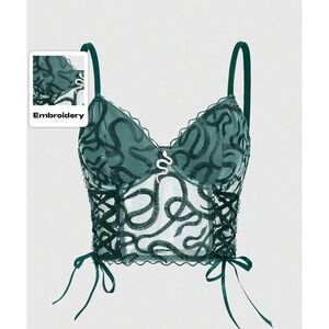 Goth Punk Emo Sexy Snake Embroidered Tie-Up Sheer Mesh Cami Top Green Romwe L